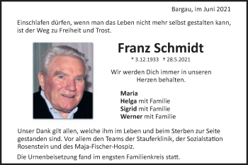 Traueranzeige von Franz Schmidt von Gmünder Tagespost