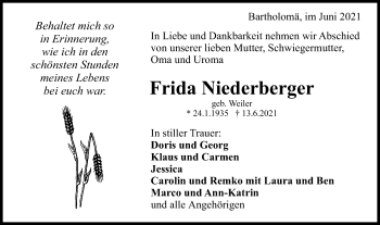 Traueranzeige von Frida Niederberger von Gmünder Tagespost