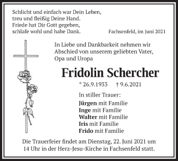 Traueranzeige von Fridolin Schercher von Schwäbische Post