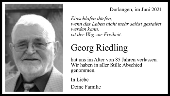 Traueranzeige von Georg Riedling von Gmünder Tagespost