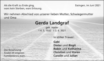 Traueranzeige von Gerda Landgraf von Schwäbische Post