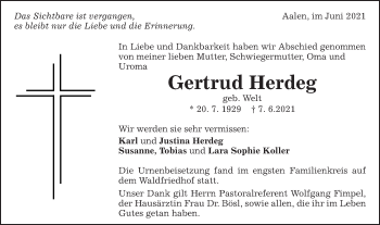 Traueranzeige von Gertrud Herdeg von Schwäbische Post