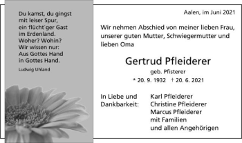 Traueranzeige von Gertrud Pfleiderer von Schwäbische Post