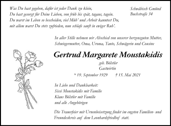 Traueranzeige von Gertrud Margarete Moustakidis von Gmünder Tagespost