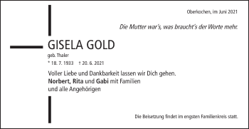 Traueranzeige von Gisela Gold von Schwäbische Post