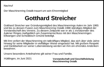 Traueranzeige von Gotthard Streicher von Schwäbische Post