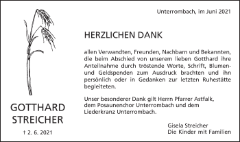 Traueranzeige von Gotthard Streicher von Schwäbische Post