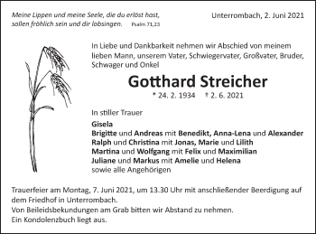 Traueranzeige von Gotthard Streicher von Schwäbische Post