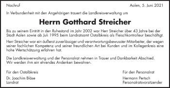 Traueranzeige von Gotthard Streicher von Schwäbische Post