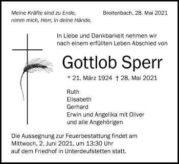 Traueranzeige von Gottlob Sperr von Schwäbische Post