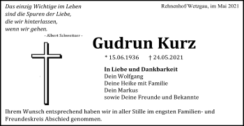 Traueranzeige von Gudrun Kurz von Gmünder Tagespost