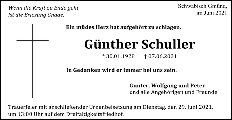  Traueranzeige für Günther Schuller vom 24.06.2021 aus Gmünder Tagespost