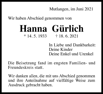 Traueranzeige von Hanna Gürlich von Gmünder Tagespost