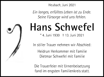 Traueranzeige von Hans Schwefel von Gmünder Tagespost