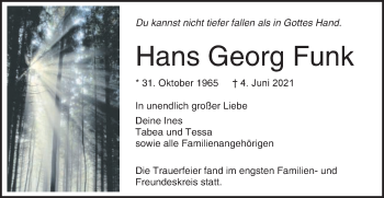 Traueranzeige von Hans Georg Funk von Schwäbische Post