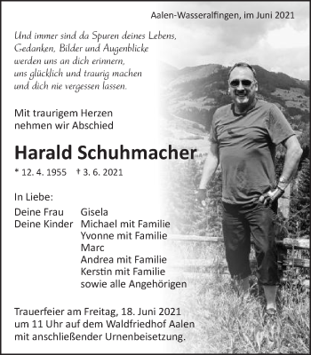 Traueranzeige von Harald Schuhmacher von Schwäbische Post