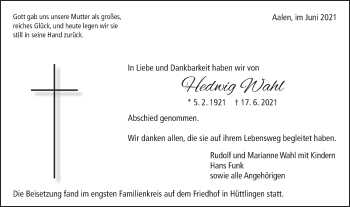 Traueranzeige von Hedwig Wahl von Schwäbische Post