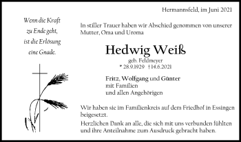 Traueranzeige von Hedwig Weiß von Schwäbische Post