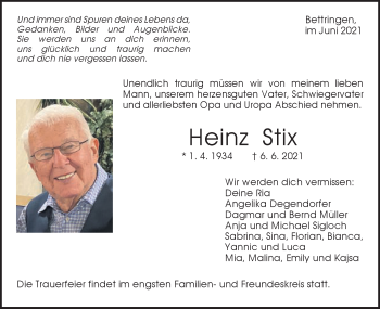 Traueranzeige von Heinz Stix von Gmünder Tagespost