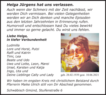 Traueranzeige von Helga Jürgens von Gmünder Tagespost