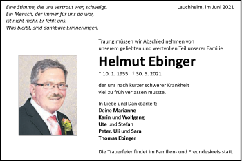 Traueranzeige von Helmut Ebinger von Schwäbische Post