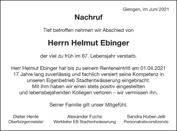 Traueranzeige von Helmut Ebinger von Schwäbische Post