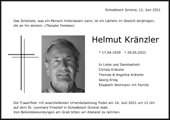 Traueranzeige von Helmut Kränzler von Gmünder Tagespost