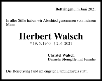 Traueranzeige von Herbert Walsch von Gmünder Tagespost