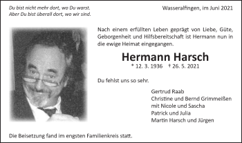 Traueranzeige von Hermann Harsch von Schwäbische Post