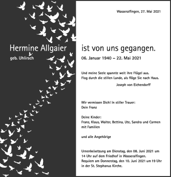 Traueranzeige von Hermine Allgaier von Schwäbische Post