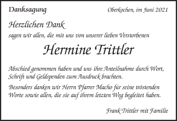 Traueranzeige von Hermine Trittler von Amtsblatt_Oko