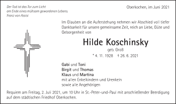 Traueranzeige von Hilde Koschinsky von Schwäbische Post