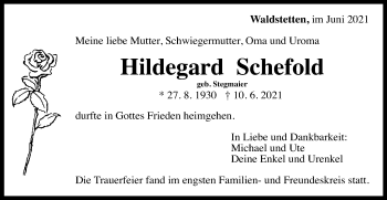 Traueranzeige von Hildegard Schefold von Gmünder Tagespost
