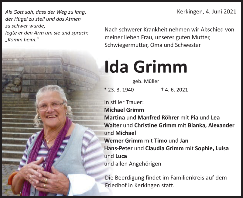  Traueranzeige für Ida Grimm vom 07.06.2021 aus Schwäbische Post