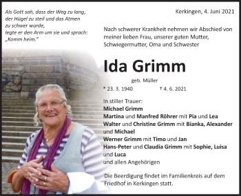 Traueranzeige von Ida Grimm von Schwäbische Post