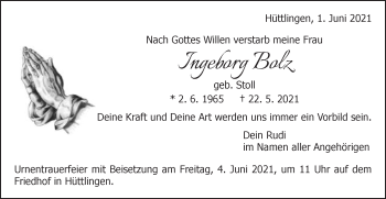 Traueranzeige von Ingeborg Bolz von Schwäbische Post
