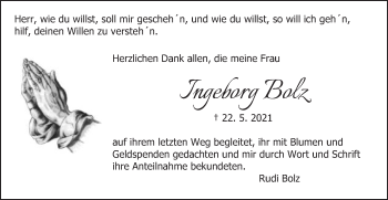 Traueranzeige von Ingeborg Bolz von Schwäbische Post