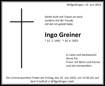 Traueranzeige von Ingo Greiner von Gmünder Tagespost