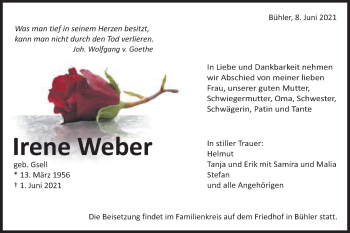 Traueranzeige von Irene Weber von Schwäbische Post