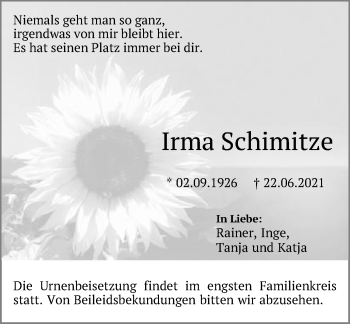 Traueranzeige von Irma Schimitze von Schwäbische Post