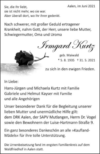 Traueranzeige von Irmgard Kurtz von Schwäbische Post