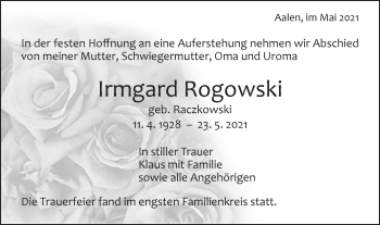 Traueranzeige von Irmgard Rogowski von Schwäbische Post