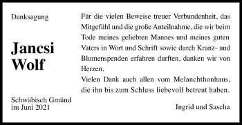 Traueranzeige von Jancsi Wolf von Gmünder Tagespost