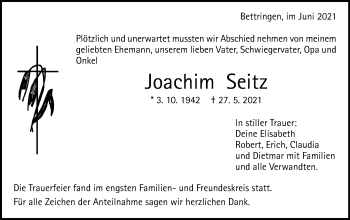 Traueranzeige von Joachim Seitz von Gmünder Tagespost