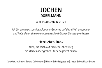 Traueranzeige von Jochen Dobelmann von Gmünder Tagespost
