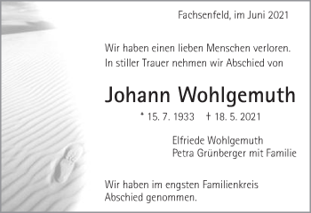 Traueranzeige von Johann Wohlgemuth von Schwäbische Post