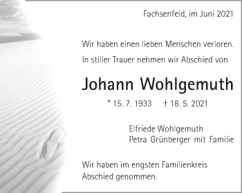 Traueranzeige von Johann Wohlgemuth von Schwäbische Post