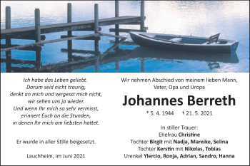 Traueranzeige von Johannes Berreth von Schwäbische Post