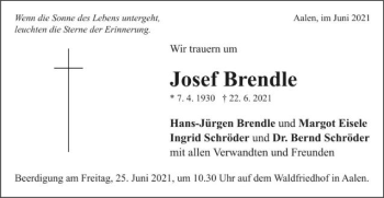 Traueranzeige von Josef Brendle von Schwäbische Post