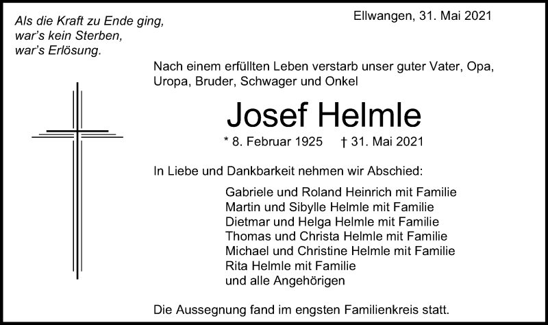  Traueranzeige für Josef Helmle vom 05.06.2021 aus Schwäbische Post